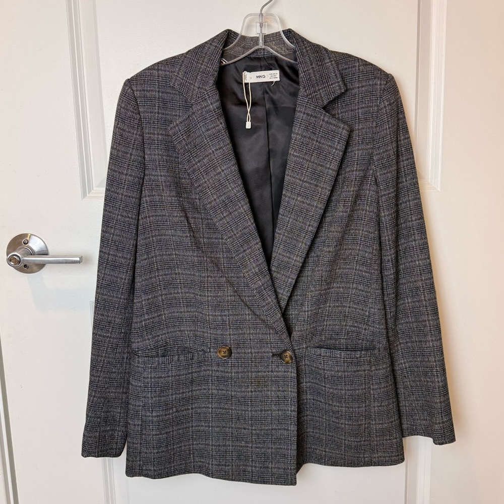 Mango MNG Gray Plaid Double Breasted Blazer Women’s XS Tailored Jacket